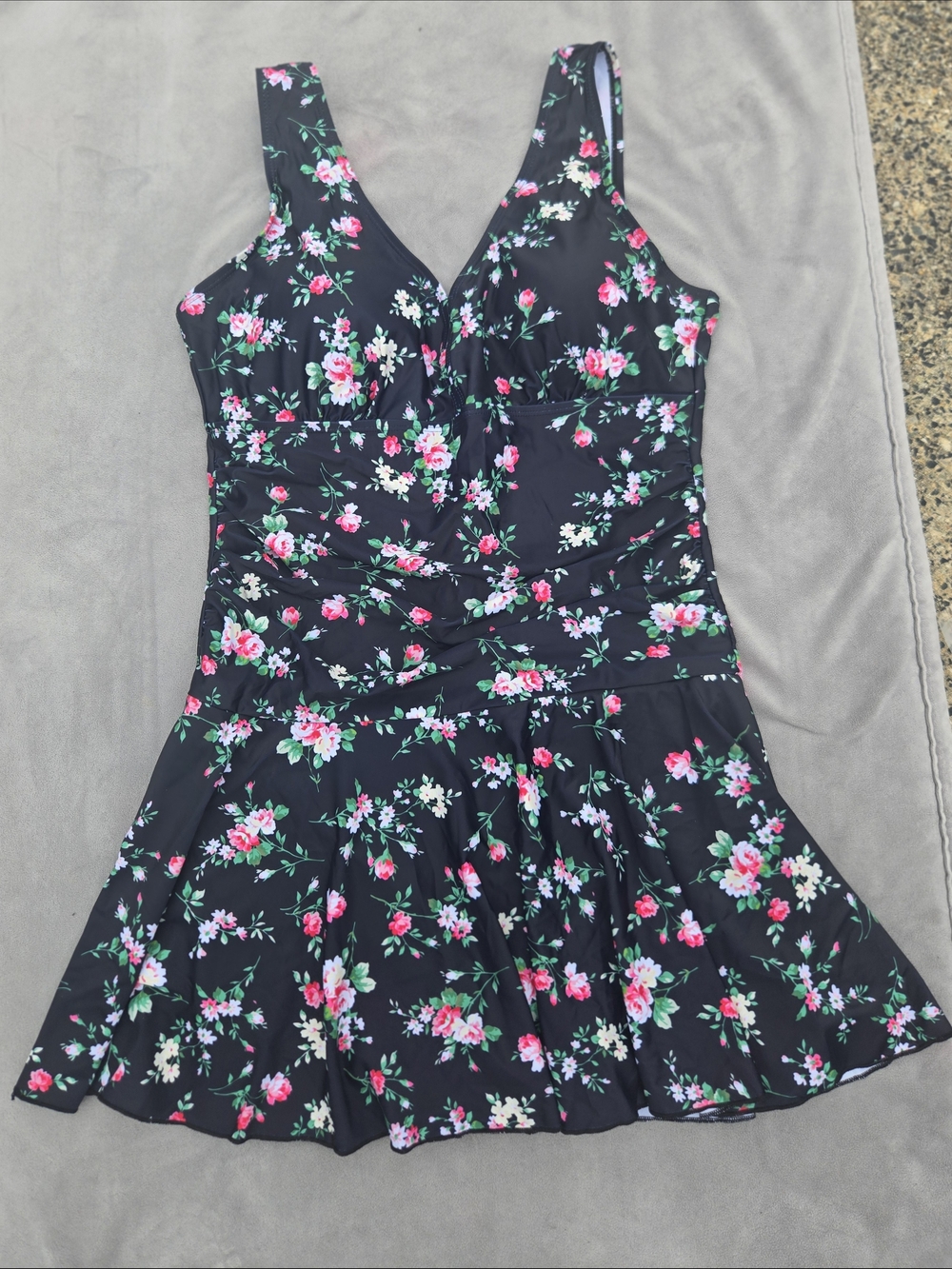Floral V-Neck Fit & Flare Swim Dress in Black with Pink Flowers - NEW